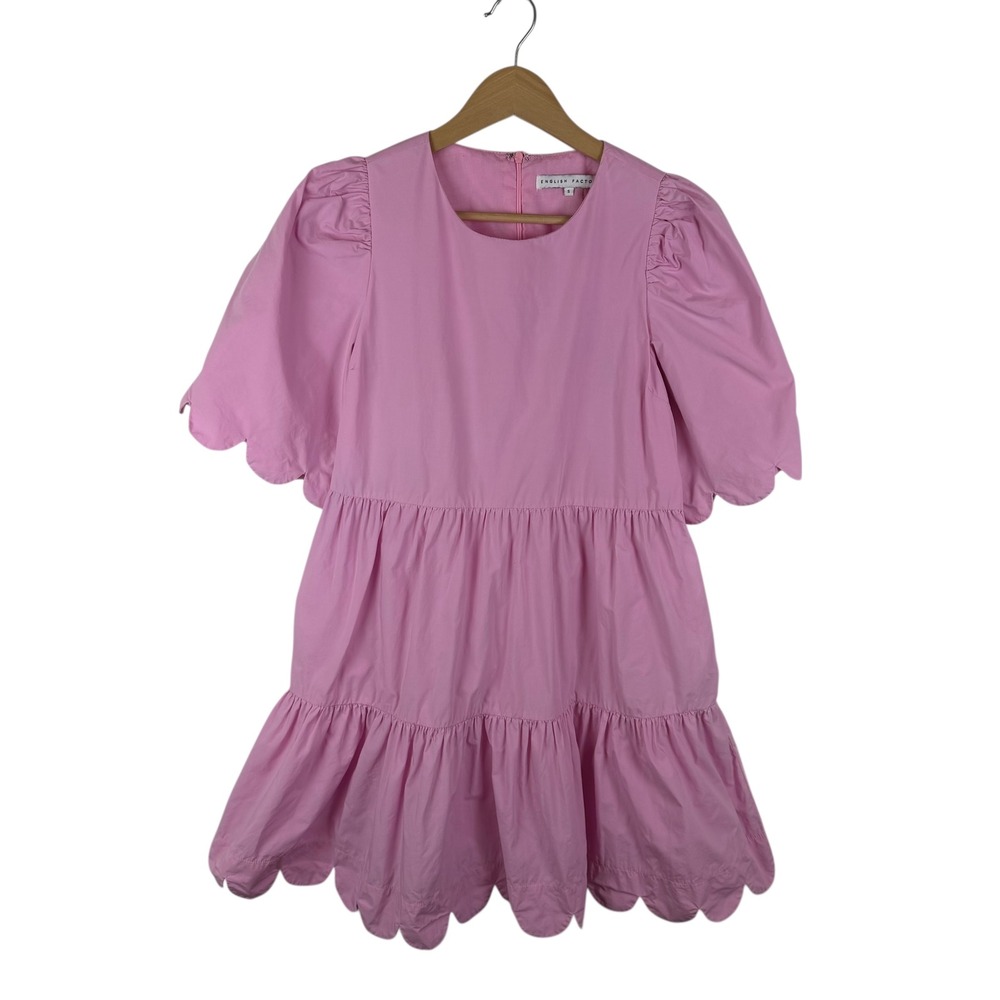 English Factory Pink Scalloped Tiered Mini Dress Small Puff Sleeve Preppy Cotton - Picture 2 of 12